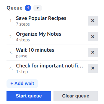 Queue view showing several saved routines and a wait item
